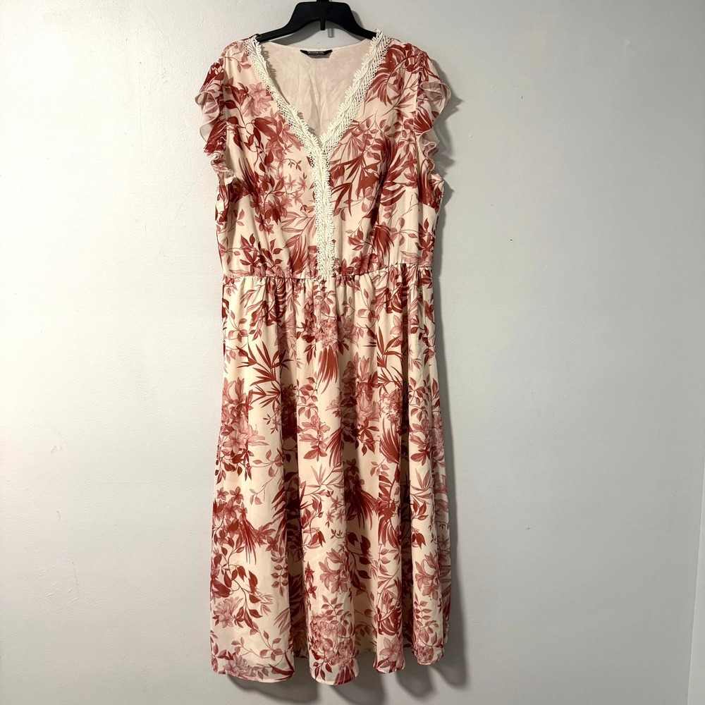 BloomChic Floral Lace Trim Ruffle Sleeve Maxi Dress Plus Size 22-24 Terracotta